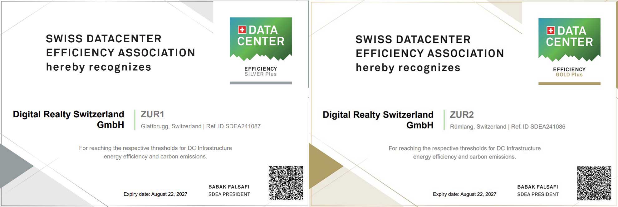 Swiss Datacenter Efficiency Association certificates 